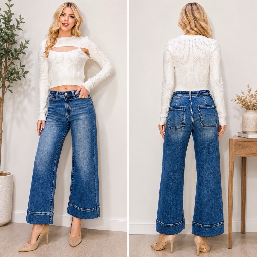 Risen Gwen Jeans Size 2XL Wide Leg Cropped High Waisted Denimβ Stretch RDP5620X